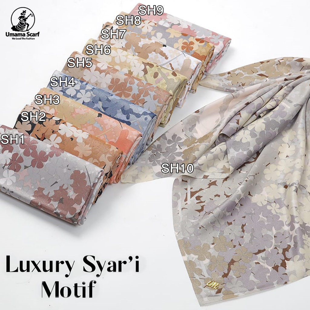 Jilbab Segiempat Syari  LUXURY PRINT Motif UMAMA LC 130 x 130 cm  kode SH metal logo bahan Cotton Lurex Glamour original PREMIUM