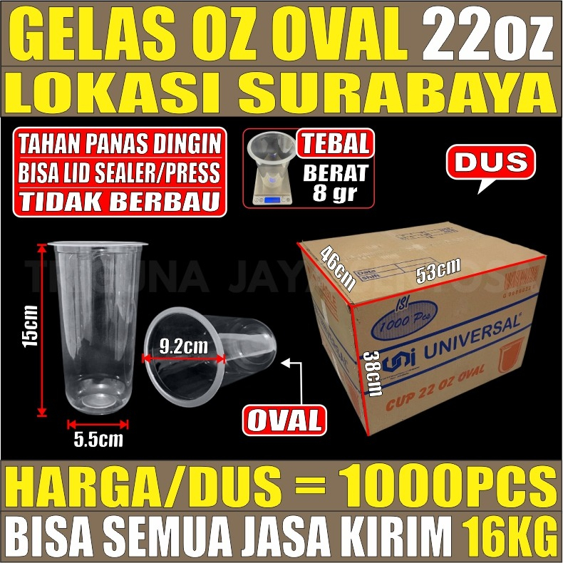 Gelas oz Oval 22oz Bening Cup Plastik Bulat Round Dus Semua Jasa Kirim SBY