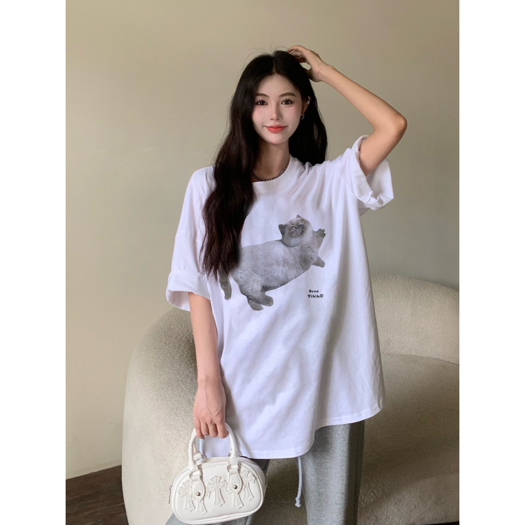 XiaoZhaiNv Kaos Atasan Oversize Wanita Cat Pattern Lengan Pendek A0798