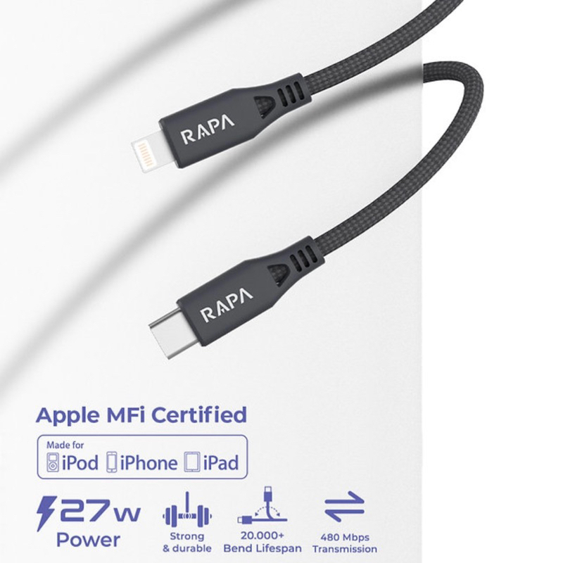 RAPAtech KABEL DATA USB TYPE C TO LIGHTNING PD FAST CHARGING 27W MFI DATA CABLE TYPE C TO IPHONE 11 12 13 14 PRO MAX (DC-3034)