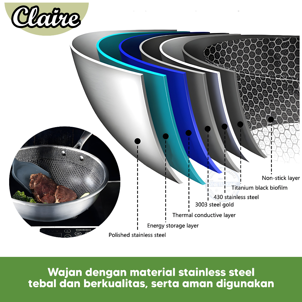 Wajan Wok Penggorengan Honeycomb Stainless steel Tebal Anti Lengket Diameter 32cm &amp; 34cm