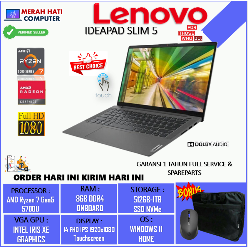 LAPTOP NEW SLIM LENOVO IDEAPAD SLIM 5 14 AMD RYZEN 7 5700U 8GB 512GB RADEON 8 14FHD IPS TOUCHSCREEN BACKLITE FINGERPRINT WINDOWS 11 GRAPHITE GREY ORIGINAL