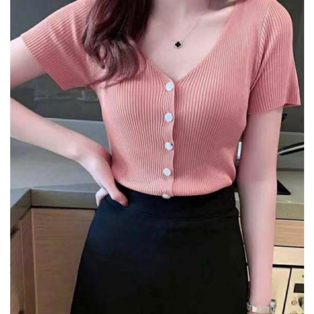 baju rajut v neck cewek lengan pendek Naomi