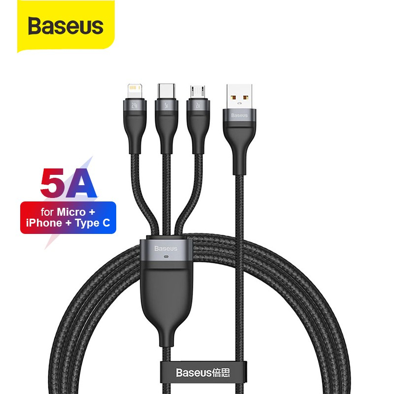 Baseus Kabel Data Fast Charging 3IN1 Micro+Lightning+Type-C 5A 1.2M BY SMOLL