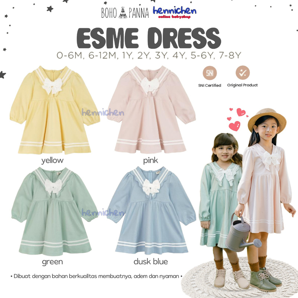 Bohopanna Esme Dress 0-8 Tahun Dress Panjang Sailor Anak Perempuan / Dress Raya / Lebaran / Pakaian Anak Muslim