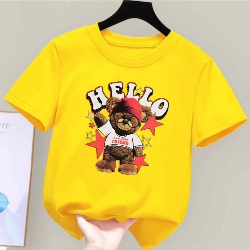 DUNIA.OBLONG-Baju Kaos Anak Unisex Cwo/Cwe Bear Hello Atasan Anak Laki Laki Kaos Distro Anak Baju Oblong Anak Anak