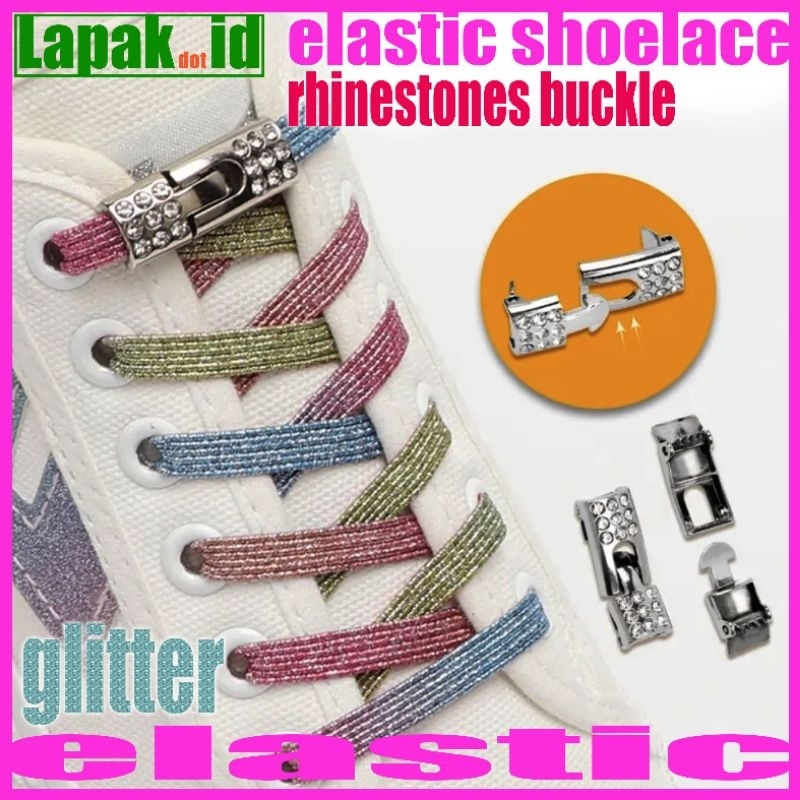 tali sepatu elastis flat glitter metal buckle lock rhinestones