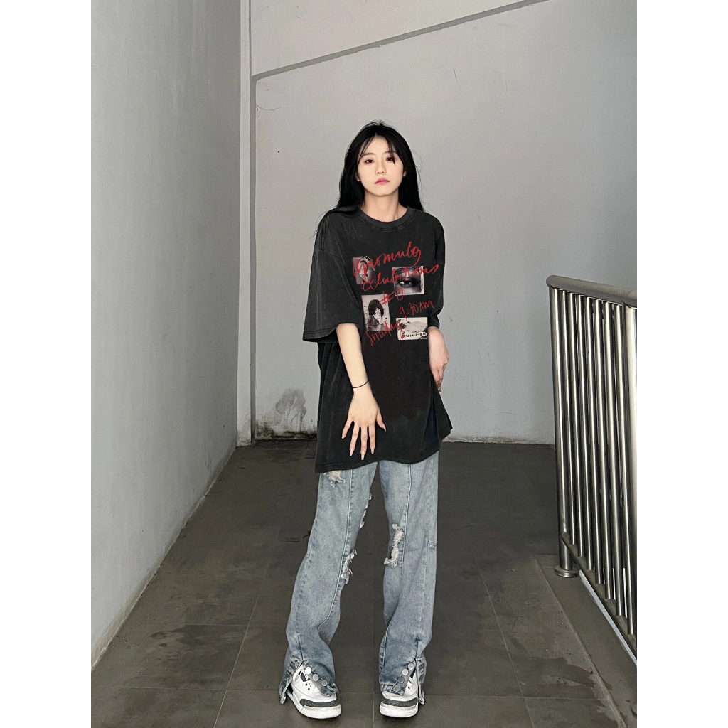 EUNII T-shirt Lengan Pendek Black Washed Vintage CD Printing Korean Style/Kaos Atasan Wanita/Baju Wanita