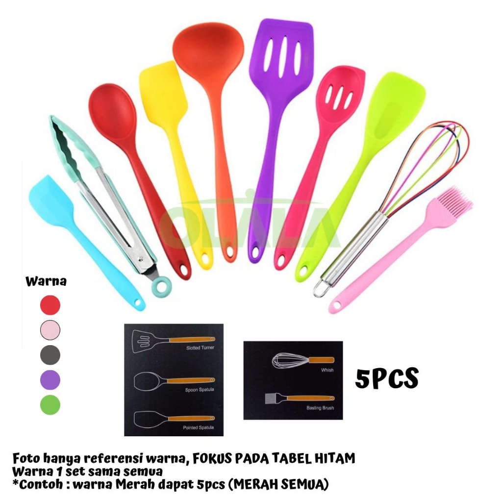 ALAT MASAK SET SPATULA SUTIL SET 5IN1 SILICONE GAGANG KAYU UTENSIL SPATULA SET MULTIFUNGSI OLL-4235/OLL-4236/OLL-4237