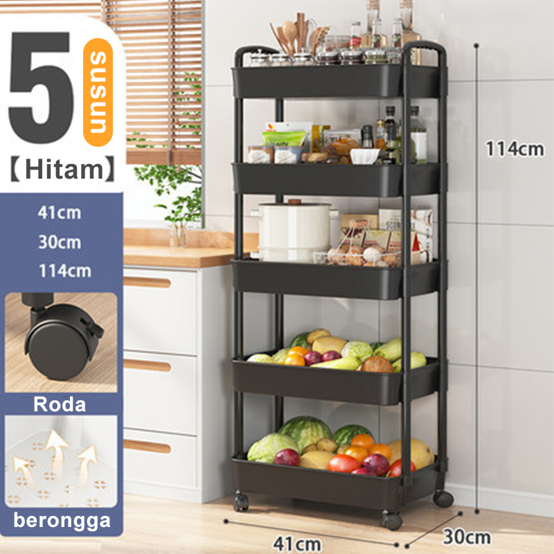 Rak Troli Susun Roda Rak Troli 5 Susun Plastik ABS Rak Penyimpanan Serbaguna Hitam/Putih Dengan Roda