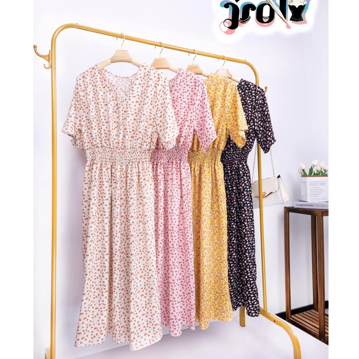 COD Korean V-Neck A Line Flower Midi Dress Wanita Motif Bunga/gaun sifon/dress pantai