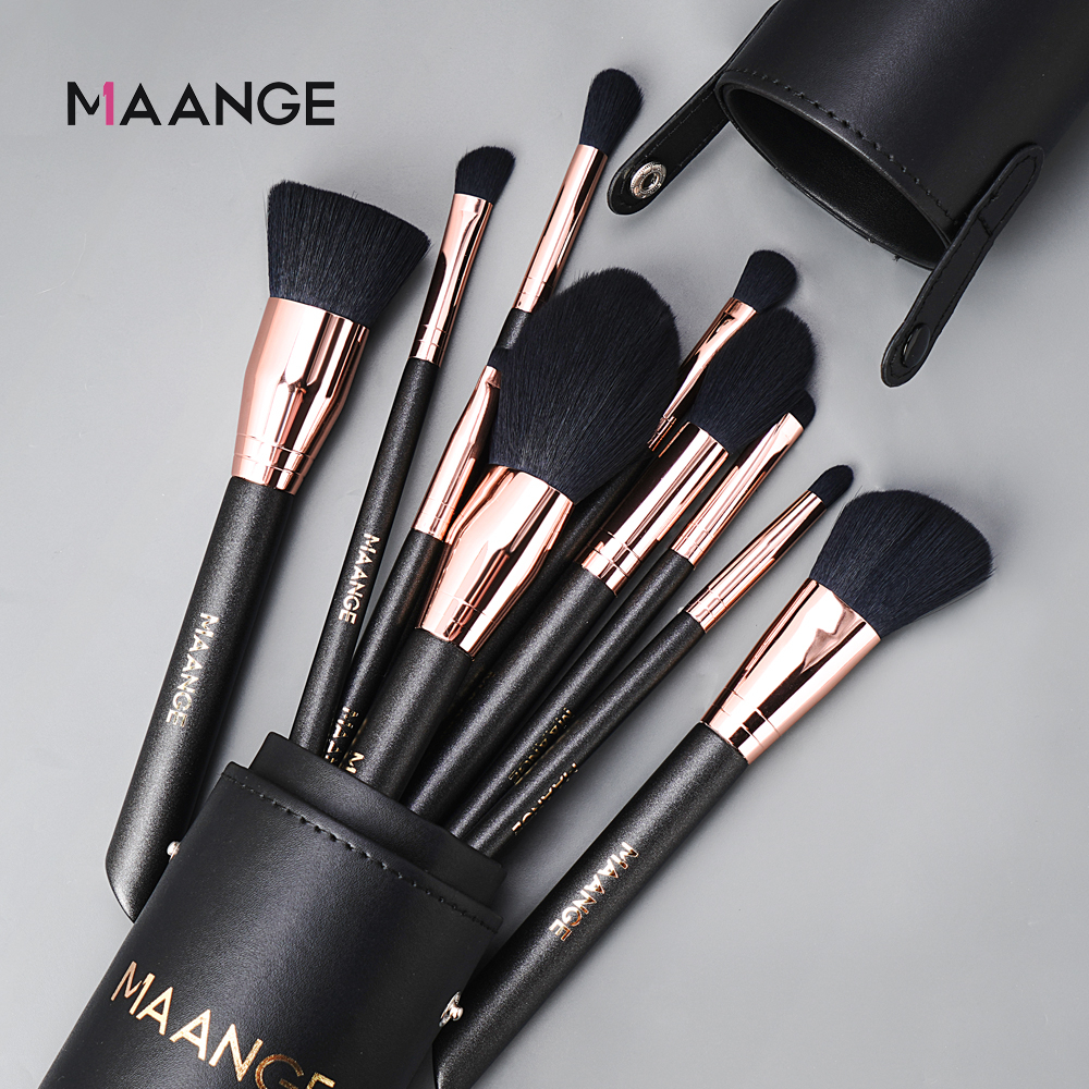 MAANGE 10Pcs profesional Brush make up Set gagang kayu rambut sutra mikrokristalin Lembut dengan Tas Ember 5974