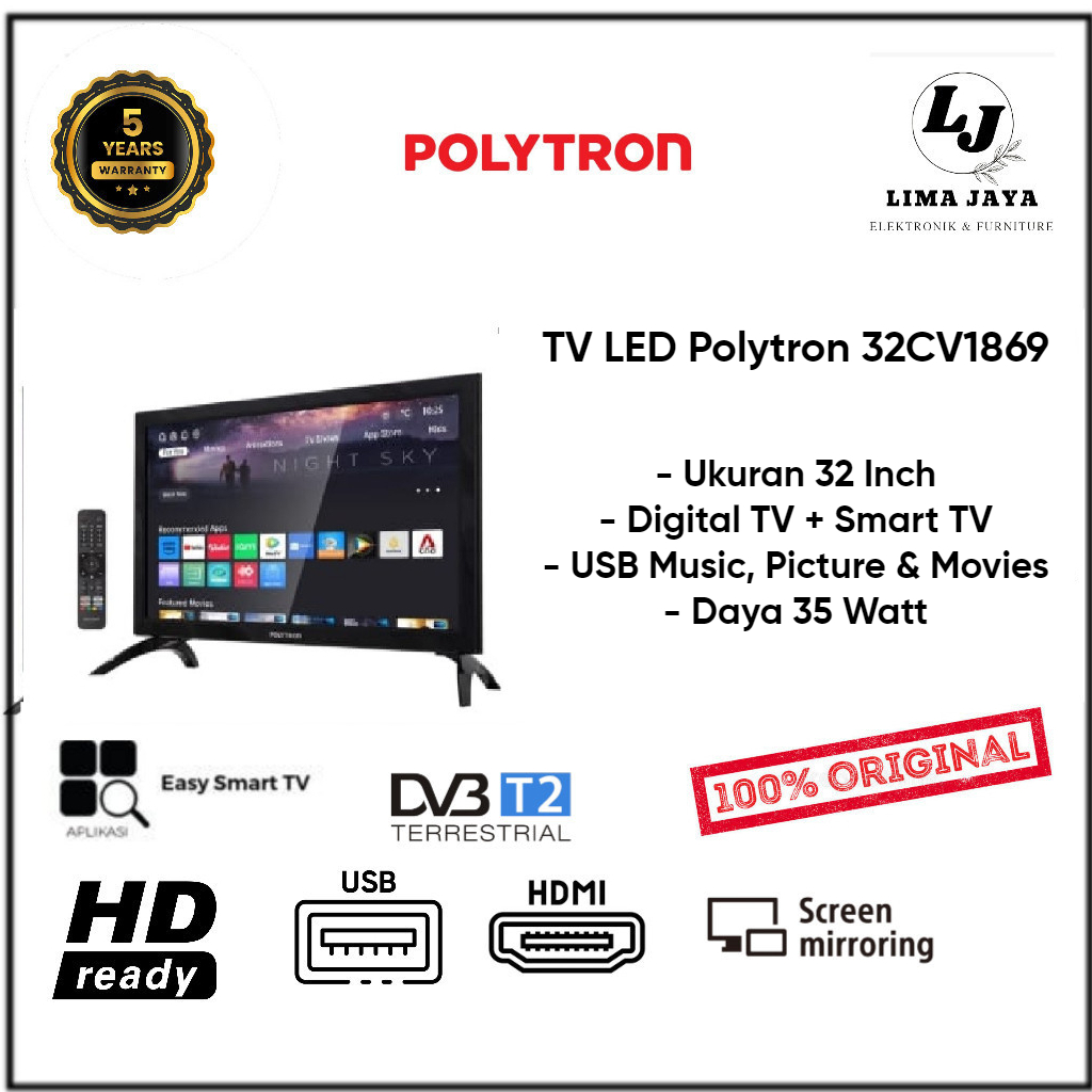 POLYTRON LED TV 32CV1869 Digital + Smart TV LED 32 Inch