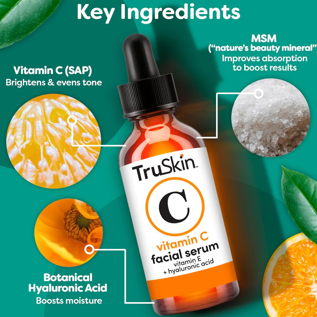 TruSkin Vitamin C Serum + Hyaluronic Acid + Vitamin E Pemutih &amp; Anti Kerutan Wajah / Dark Spots ORIGINAL USA