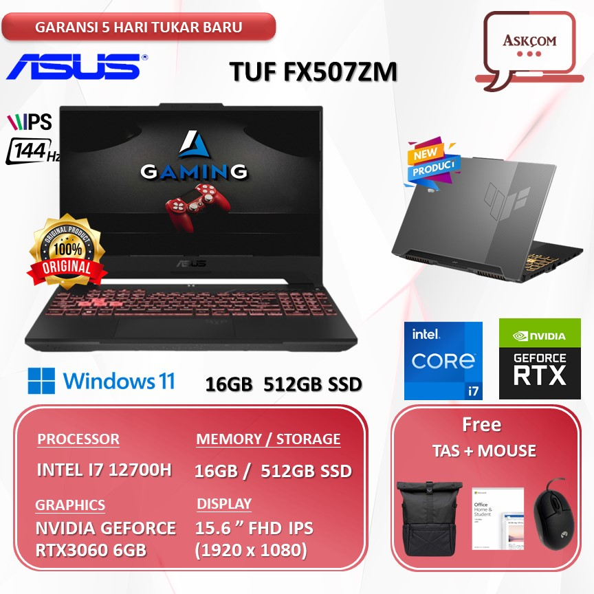 Laptop Gaming Asus Tuf FX507ZM I736B6G-O RTX3060 6GB I7 12700H RAM 16GB 512GB SSD OHS 15.6FHD 144HZ W11