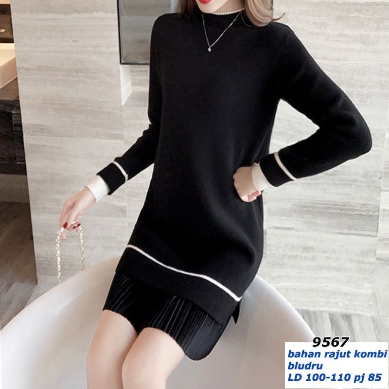dress rajut kombi bludru polos 9567  bahan rajut kombi bludru import fit to XL