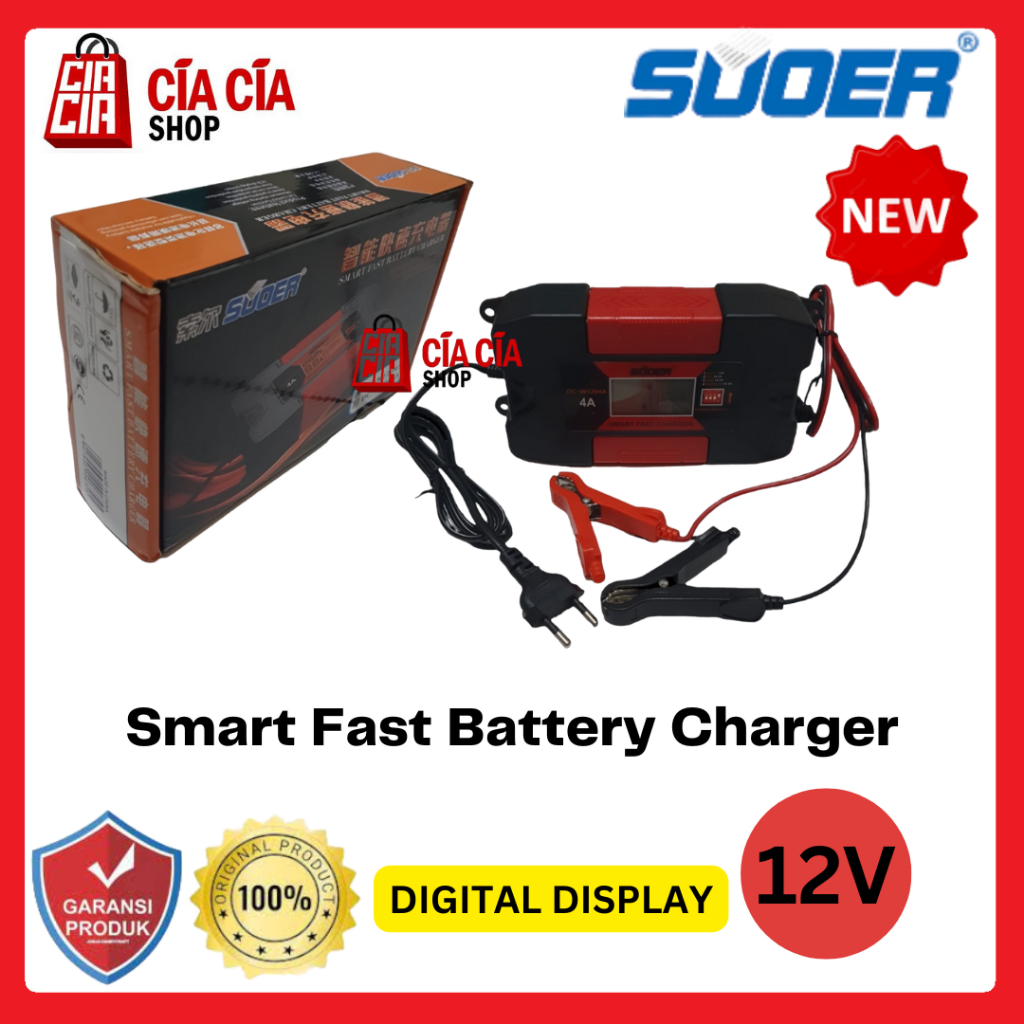 Suoer DC-W1204 Portable Smart Fast Car Battery Charger 12V 4A Digital Charger Aki Motor Sepeda Mobil 12V