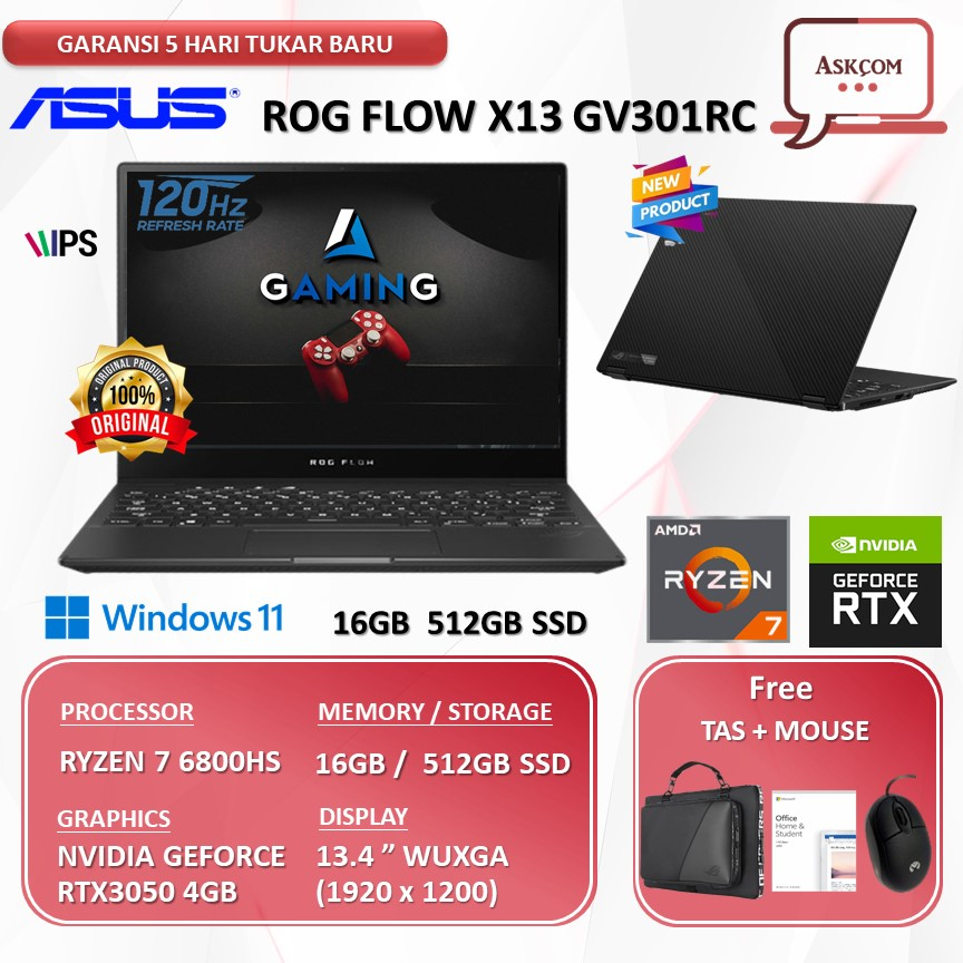 Laptop Gaming Asus Rog Flow X13 GV301RC R735A6T-O Touch RTX3050 4GB RYZEN 7 6800HS 16GB 512GB SSD W11 OHS2021 13.4 WUXGA 120HZ