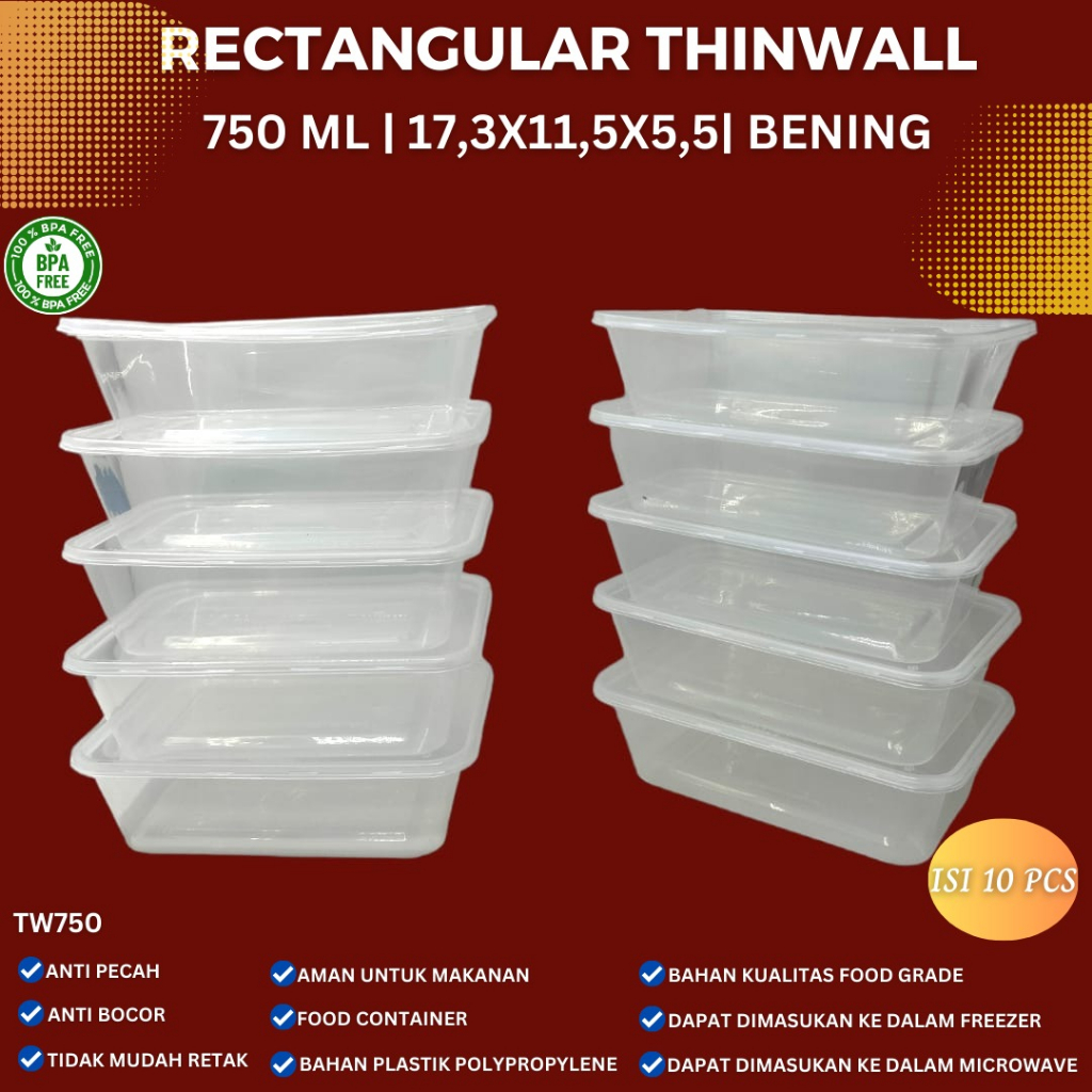 Thinwall Rectangle 750 Ml Food Container (Isi 10 pcs-TW750)