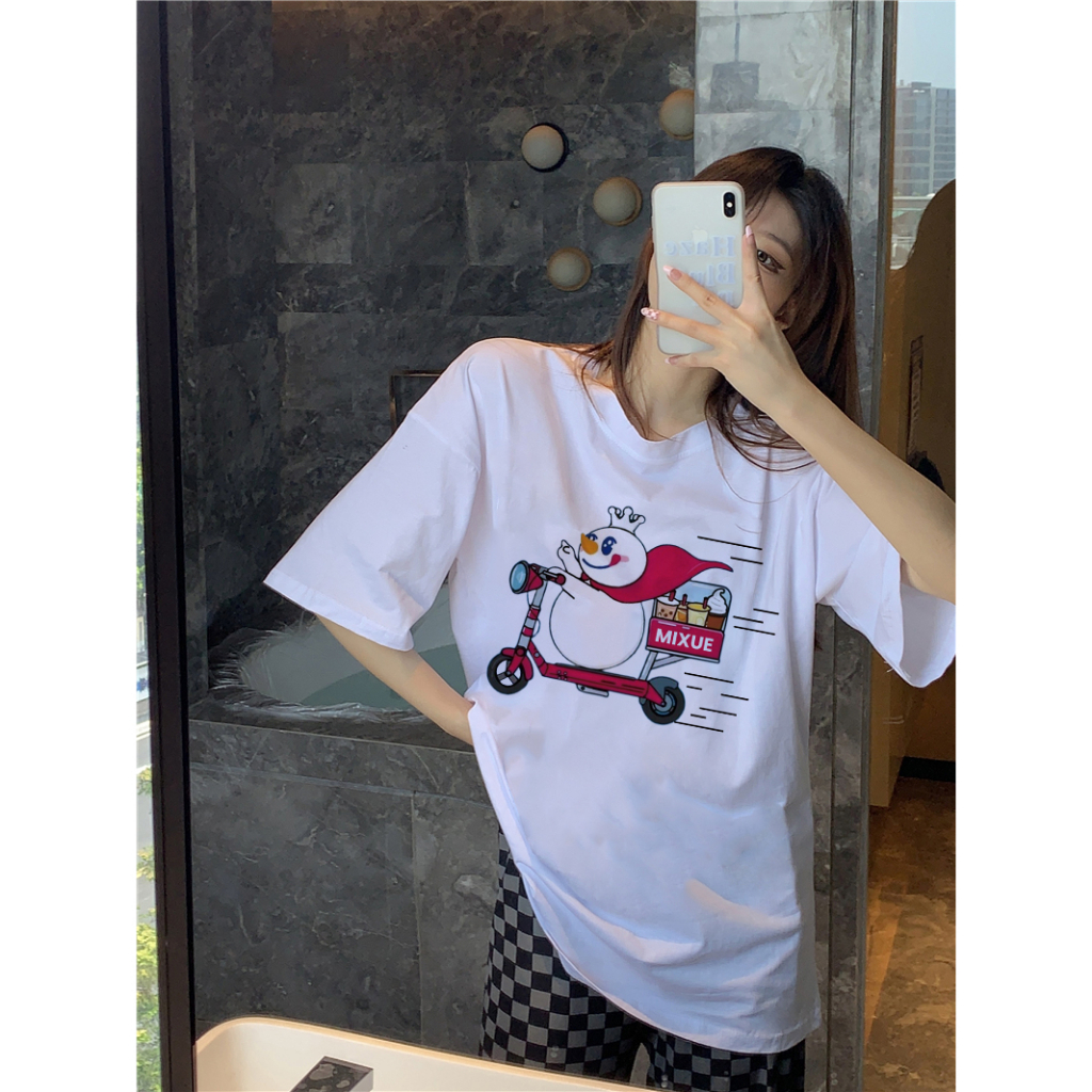 XiaoZhaiNv Kaos Atasan Oversize Wanita Snowman Pattern Lengan Pendek A0925