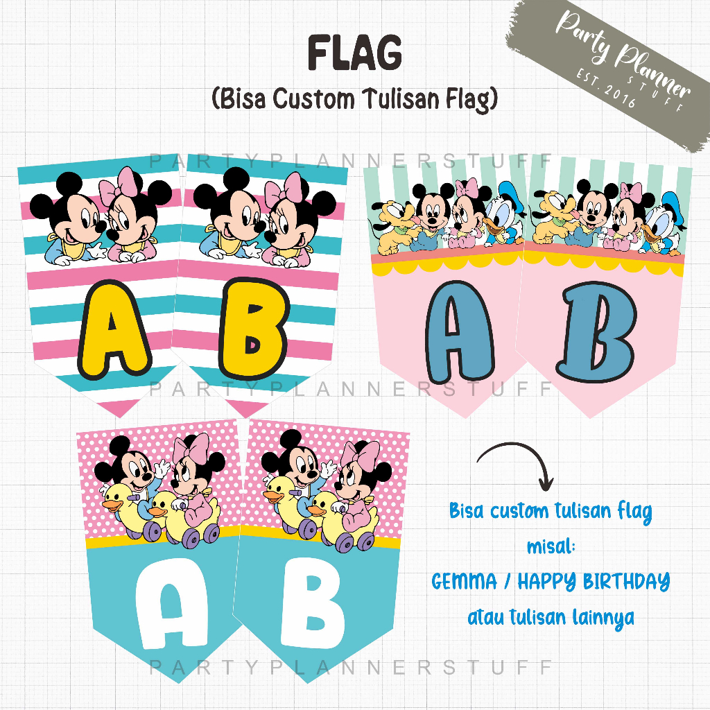 Bunting flag / flag banner / bendera pesta tema mickey and minnie mouse custom tulisan nama anak / h