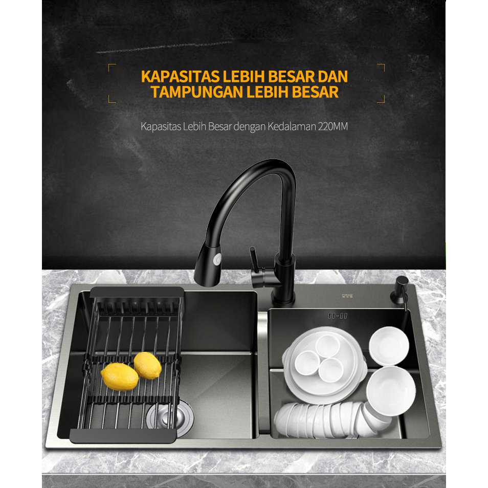 Set Lengkap Kitchen Sink Black 7843 / Wastafel Stainless Hitam 304 / Wastafel Dengan Keran yang Bisa Disesuaikan