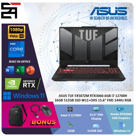 Asus TUF FX507ZM RTX3060-6GB i7 12700H 16GB 512GB SSD W11+OHS 15.6 Inchi FHD 144Hz RGB