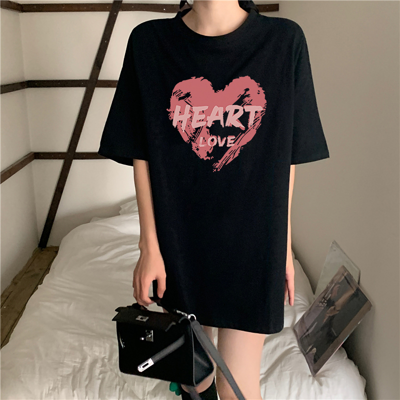 XiaoZhaiNv Kaos Atasan Wanita Paint Love Pattern Lengan Pendek A0802