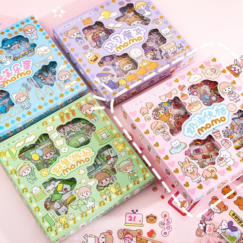 STICKER MOMO KOREA ISI 100 LEMBAR LUCU / STIKER MOMO WATERPROOF DECO AESTHETIC MOTIF KARTUN / MOMO GIRL STICKER