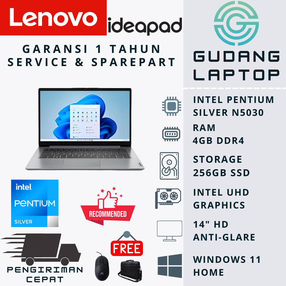 LAPTOP SEKOLAH LENOVO IDEAPAD SLIM 1 14IGL7 INTEL N5030 4GB 256GB SSD W11 CLOUD GREY