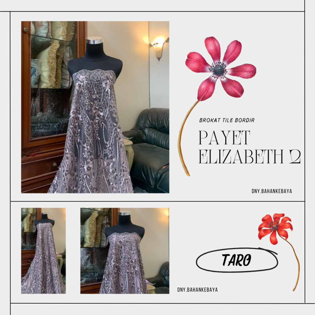 Kain Brukat Tile Bordir Payet Mewah Elizabeth Motif 2 Warna Ungu Taro