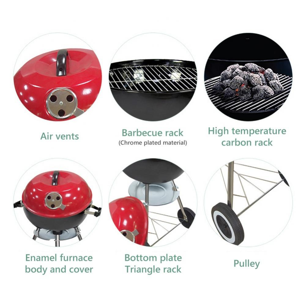 Trolley Barbecue Charcoal Grill 17 Inch BBQ Premium Outdoor Cooking Camping Red Kettle Grill Tailgating Portable Round Thickened Grilling Bowl with Wheels