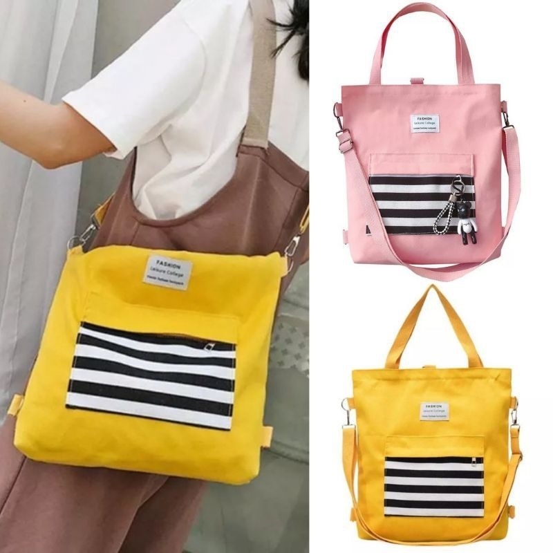 MSECom Tas Fashion Wanita Tote Bag Motif Garis Berbahan Canvas Murah MEDAN