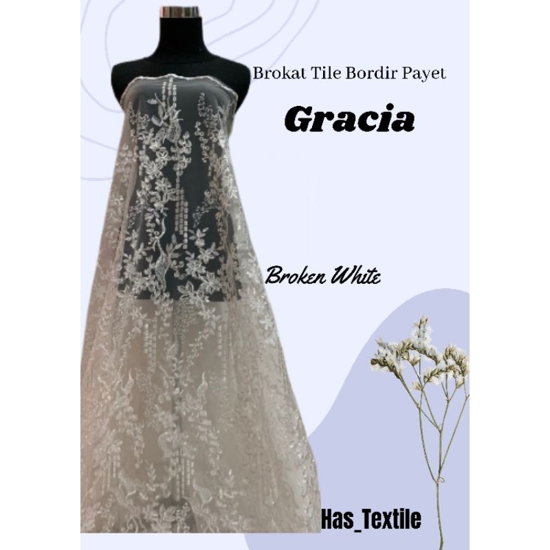Bahan Kain Kebaya Brokat Bordir Tile Payet Gracia Warna Putih Broken White