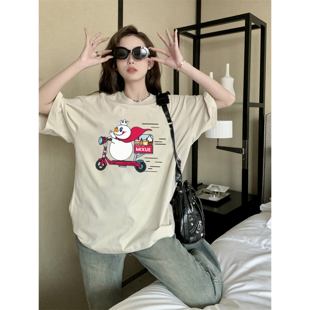 EUNII T-shirt Lengan Pendek Cartoon Michelle Ice City Printing Korean Style/Kaos Atasan Wanita/Baju Wanita/Kaos Wanita