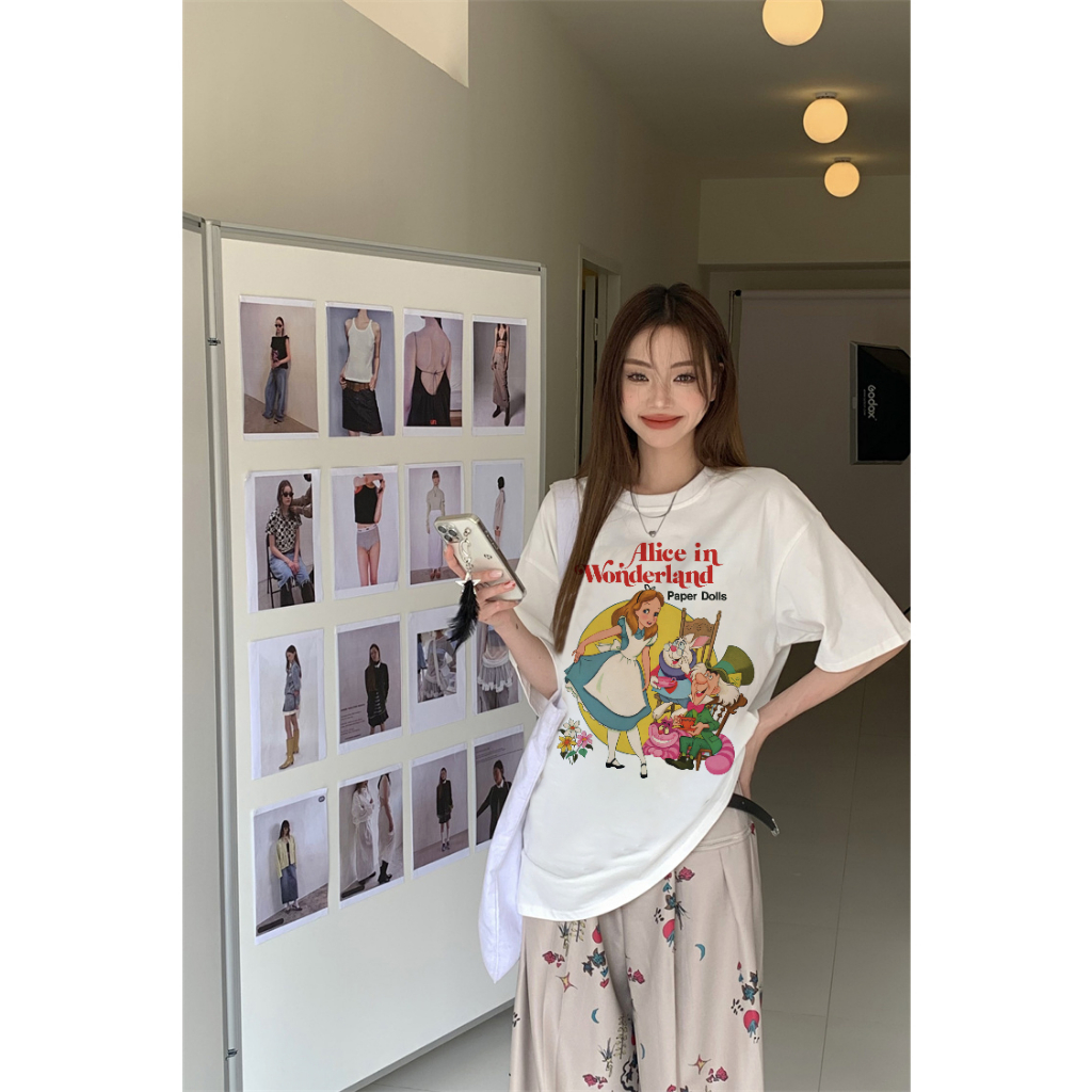 EUNII T-shirt Lengan Pendek Cartoon Alice Printing Korean Style/Kaos Atasan Wanita/Baju Wanita/Kaos Wanita