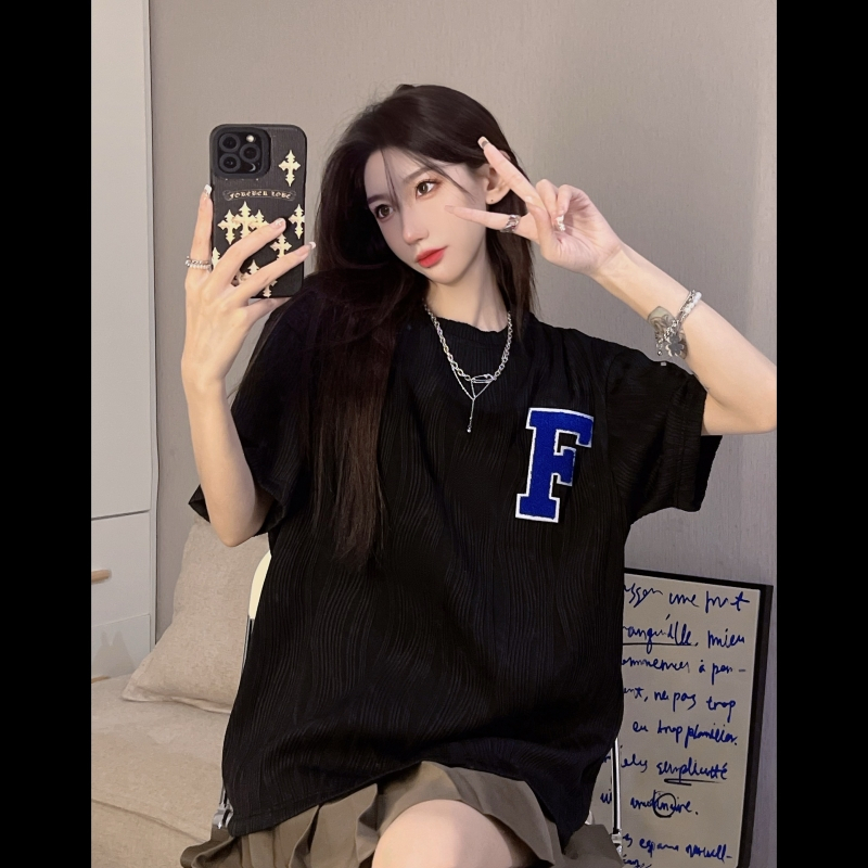 XIAOZHAINV Kaos Atasan Wanita Korean Style Letter F Lengan Pendek