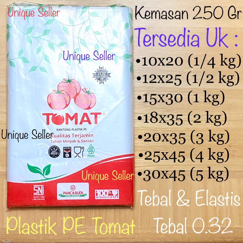 Kantong Plastik PE Tomat Uk 10x20 (1/4 Kg) 12x25 (1/2 kg) 15x30 (1 kg) 18x35 (2 kg) 20x35 (3 kg) 25x45 (4 kg) 30x45 (5 kg) / Plastik PE Tomat 1 kg 2 kg 3 kg 4 kg 5 kg