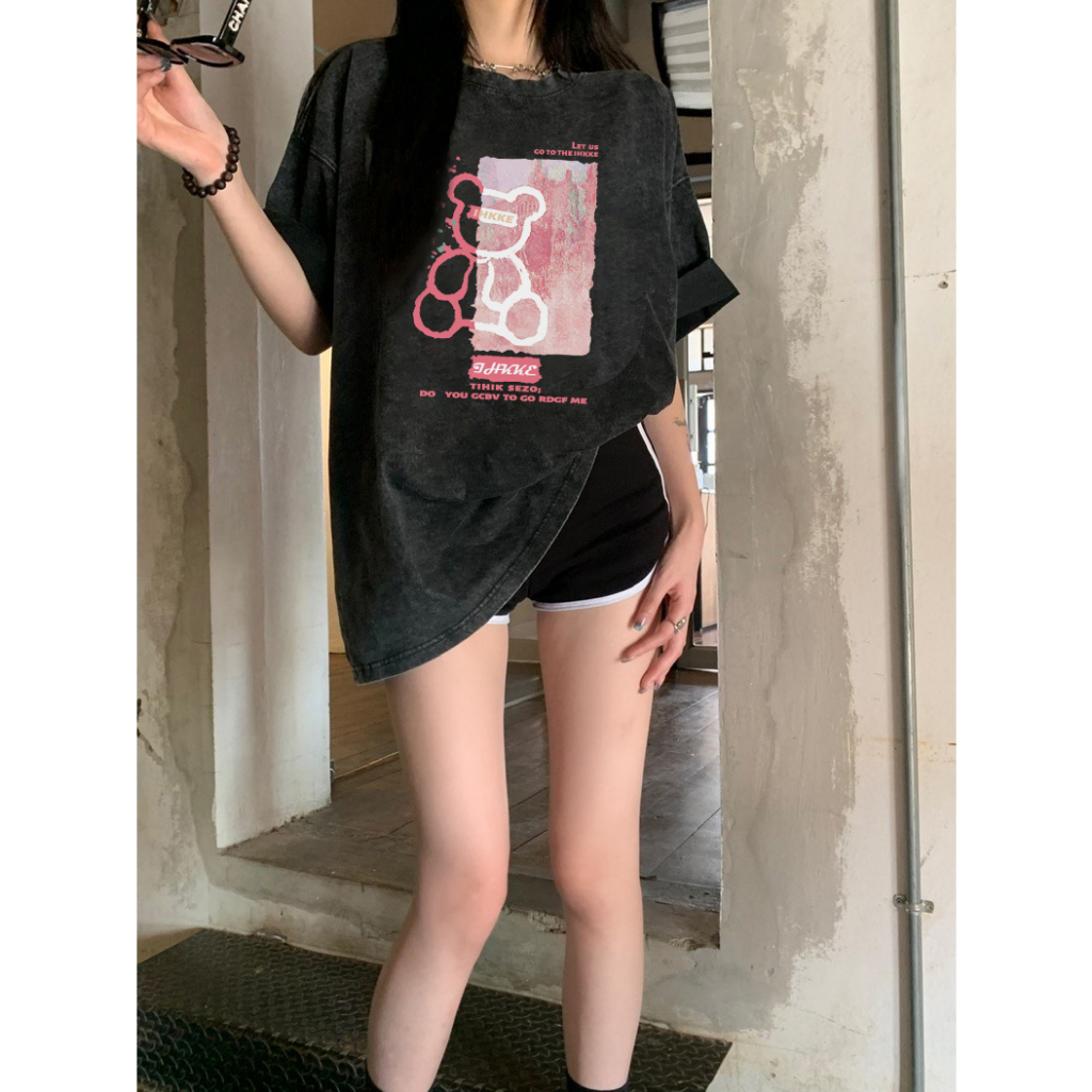 EUNII T-shirt Lengan Pendek Black Washed Cartoon Pink Bear Printing Korean Style/Kaos Atasan Wanita/Baju Wanita