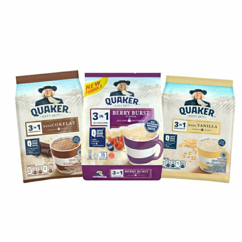 

Quaker 3in1 Oat Cereal Drink | Rasa Vanila, Coklat dan Berryburst | 1 Pack Isi 8 sachet (8's x 28gr) | Minuman Sehat Energen