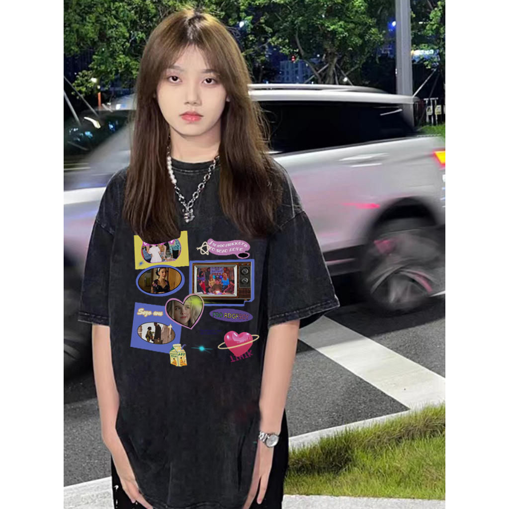 EUNII T-shirt Lengan Pendek Black Washed Vintage CD Printing Korean Style/Kaos Atasan Wanita/Baju Wanita