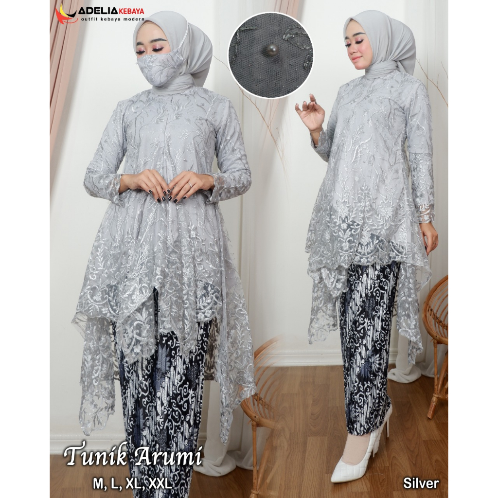 ( COD ) Setelan kebaya tunik arumi tulle - outfit kekinian - kebaya modern - motif elegan - bahan tulle bordir mutiara - pakaian pesta keluarga, wisuda, baju akad ataupun nikahan