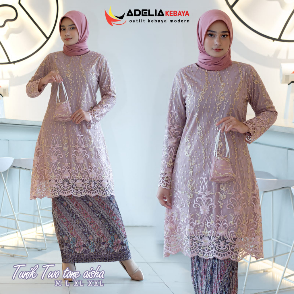 ( COD ) Setelan kebaya tunik twotone aisyah - kebaya modern - outfit kekinian - bahan tulle bordir kombinasi dua warna - pakaian pesta keluarga, kondangan, baju nikahan, wisuda, dan akad