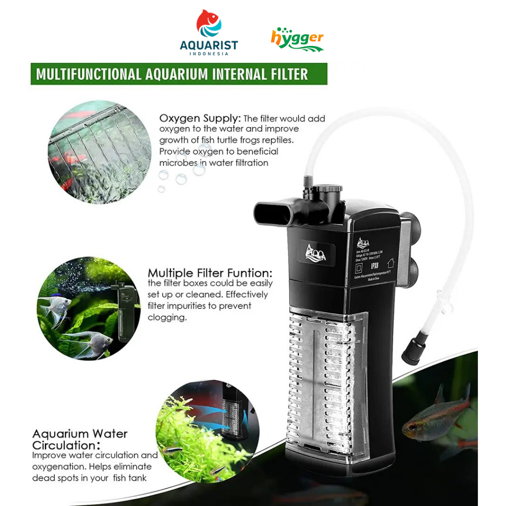 AQQA Aquarium Internal Filter Aquarium / Submersible Power Filter in-Tank with Adjustable Water Flow