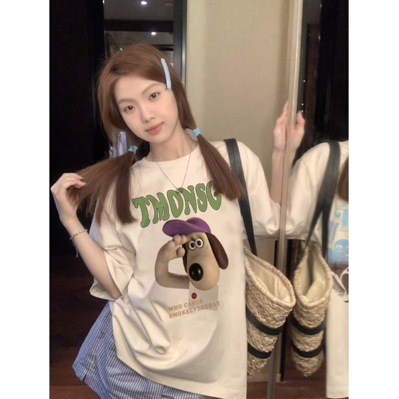 EUNII T-shirt Lengan Pendek Cartoon Salute Harpy Dog Printing Korean Style/Kaos Atasan Wanita/Baju Wanita/Kaos Wanita