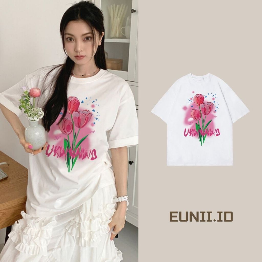 EUNII T-shirt Lengan Pendek Cartoon Pink Flowers Korean Style/Kaos Atasan Wanita/Baju Wanita/Kaos Wanita