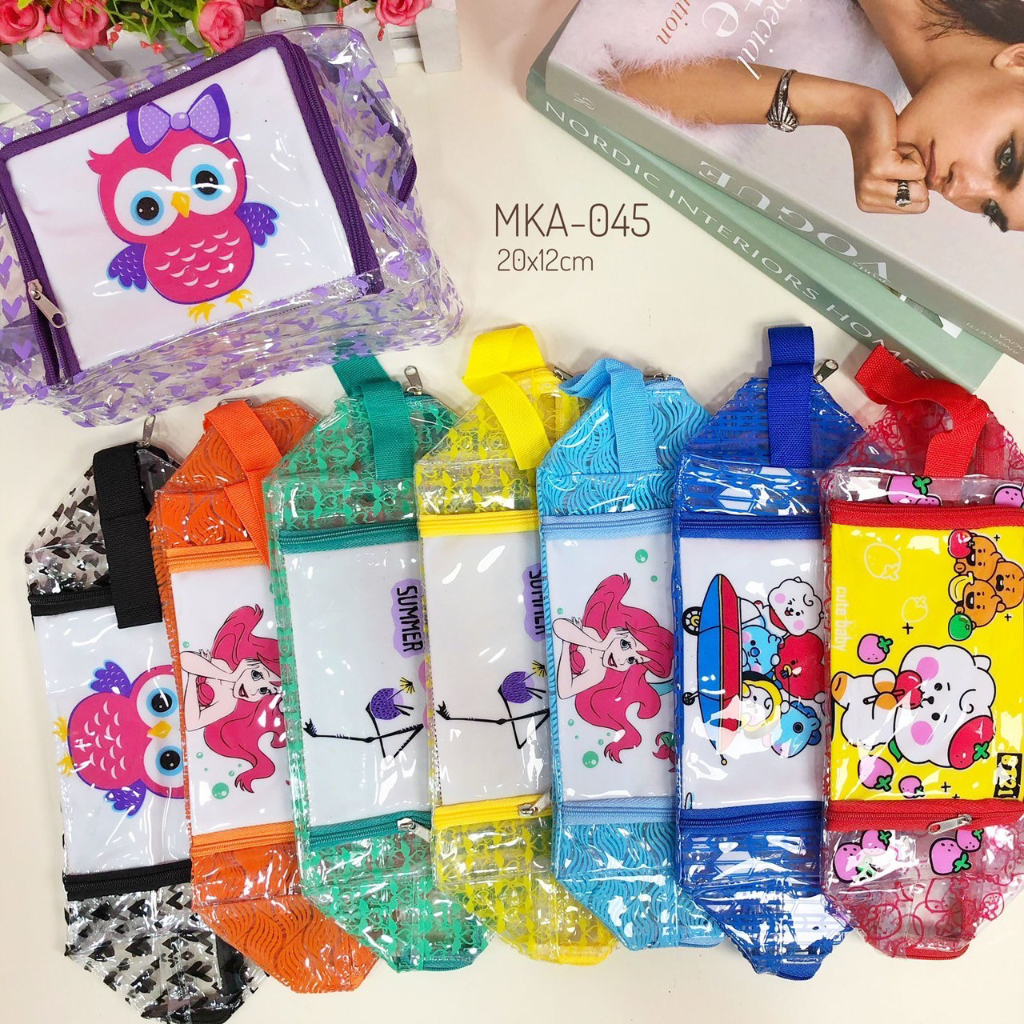 dompet kosmetik mika kantong depan mkdep besar tempat pensil bening pouch waterproof