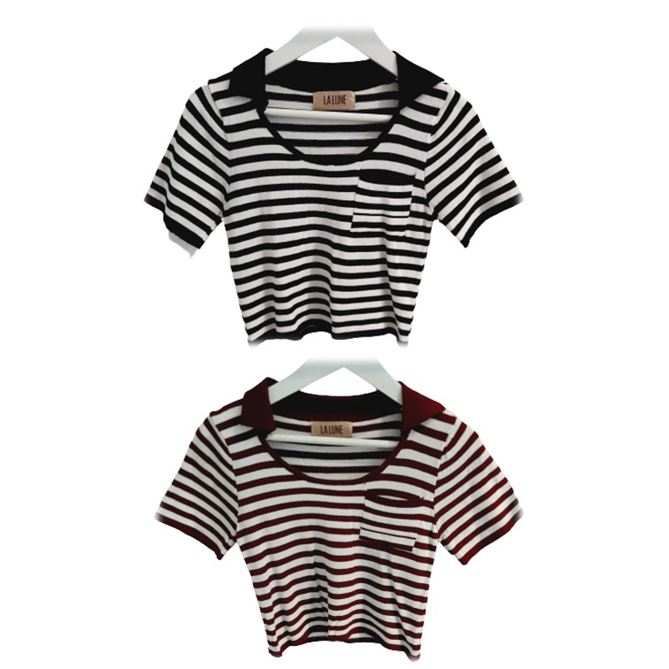 KAOS BAJU CROP TOP WANITA STARLA GARIS GARIS KERAH LIPAT BAHAN RAJUT