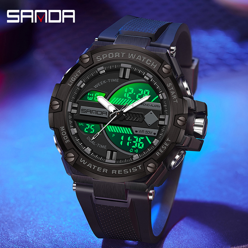 SANDA 3185 Jam Tangan Pria Digital Analog Sport EL Backlight Tali Rubber Anti Air WATCHKITE WKOS