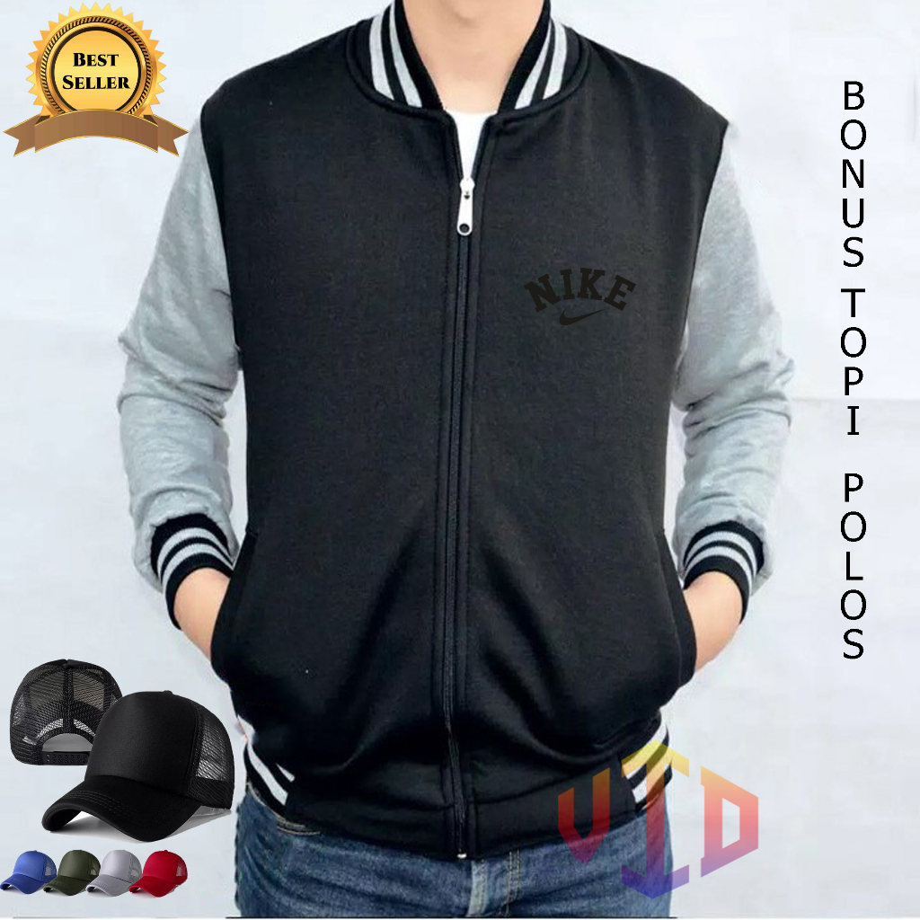 BONUS TOPI.....JAKET BISSBOLL Resleting NIKE 0001 Motif HITAM+ TOPI/ Sweatshirt Hoodie Pria/Wanita//